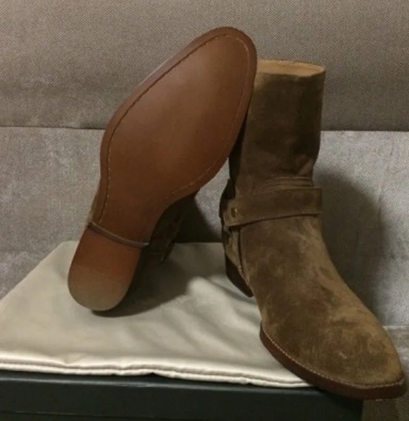Suede Brown Leather Black Chains Harness Buckle Stacked Heel Anke Side Zip Men Fashion Boots Shoes 240615