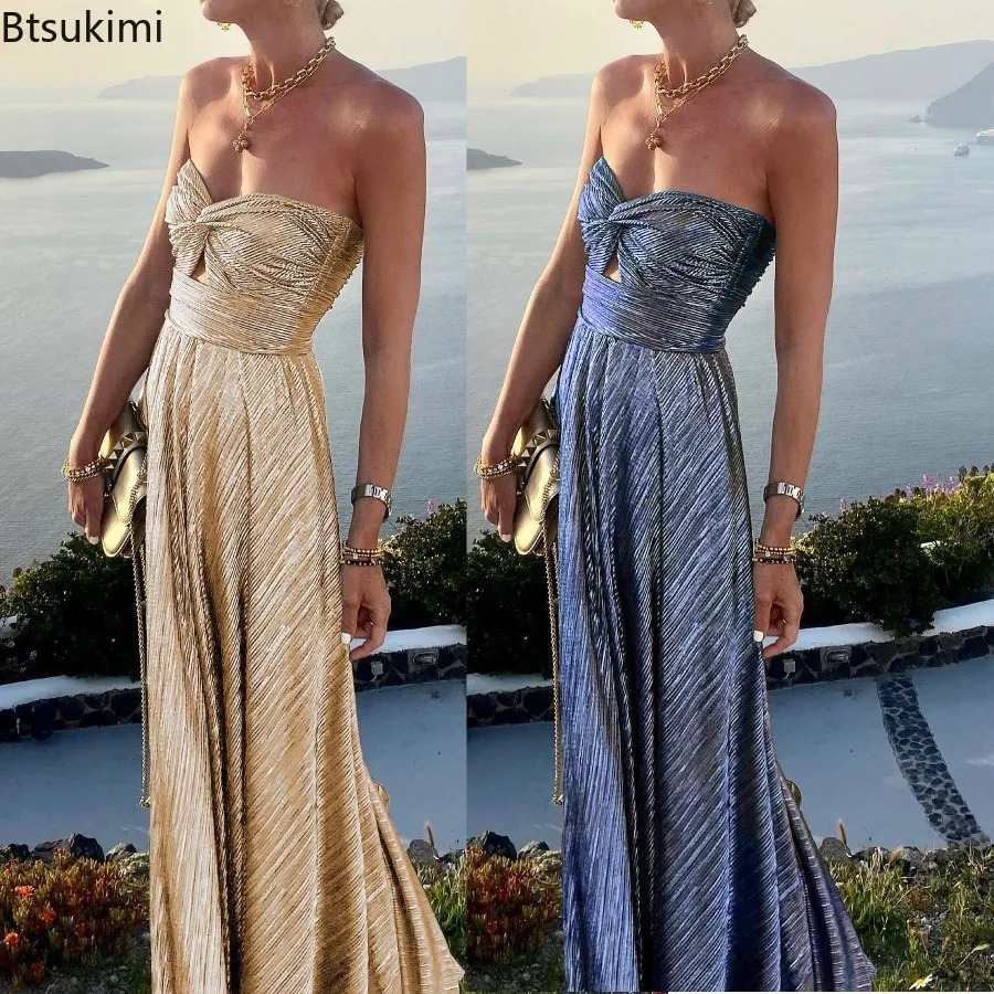 Womens Elegant Club Party Dresses Sexy Chest Wrapping Gold Stamping Long Dress INS Casual Big Swing for Evening 240615