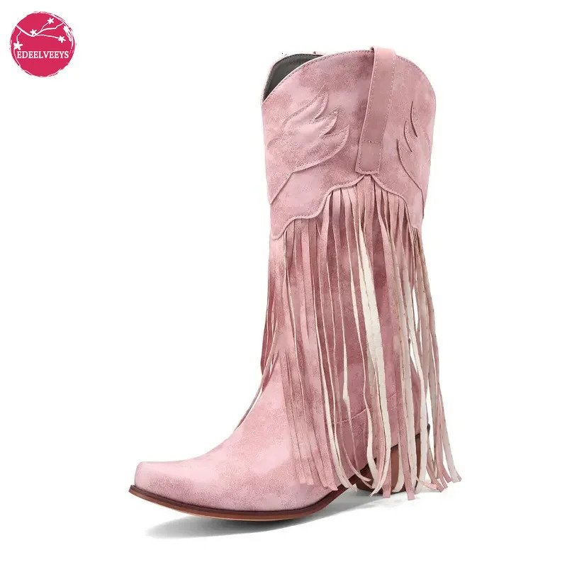 Womens Pink Tassel Western Cowboy Boots Wide Calf Fit Lolita Retro Cosplay Mid-Calf Cowgirl Footwear All Seasons Drop 240615