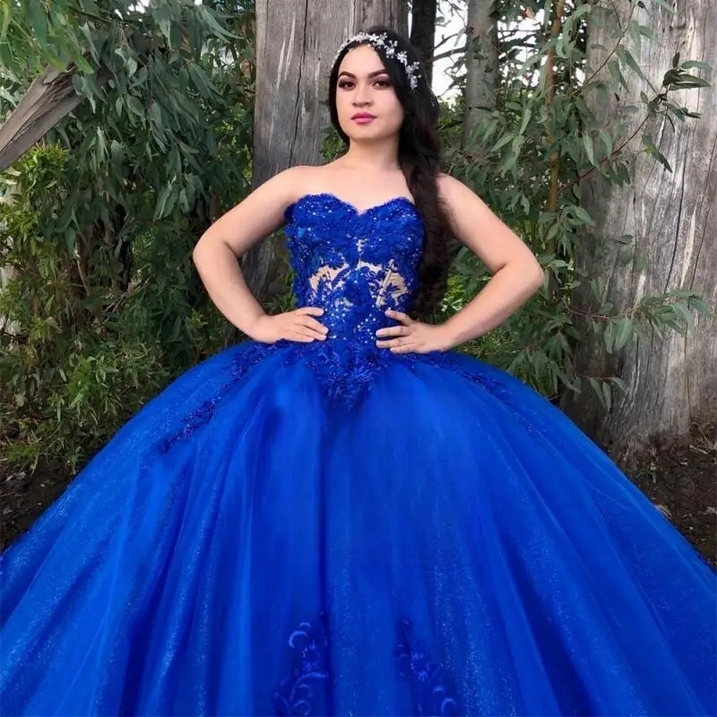 Royal Blue Shiny Quinceanera Dresses Off The Shoulder Appliques Lace Beads Tull Chapel Train Prom Gowns Vestidos De 15 Anos
