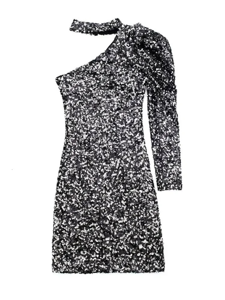 Women Sexy Sequins Glitter One Shoulder Mini Dress Spring Female Elegant Bodycon Dresses Party Club Vestidos Streetwear 240615
