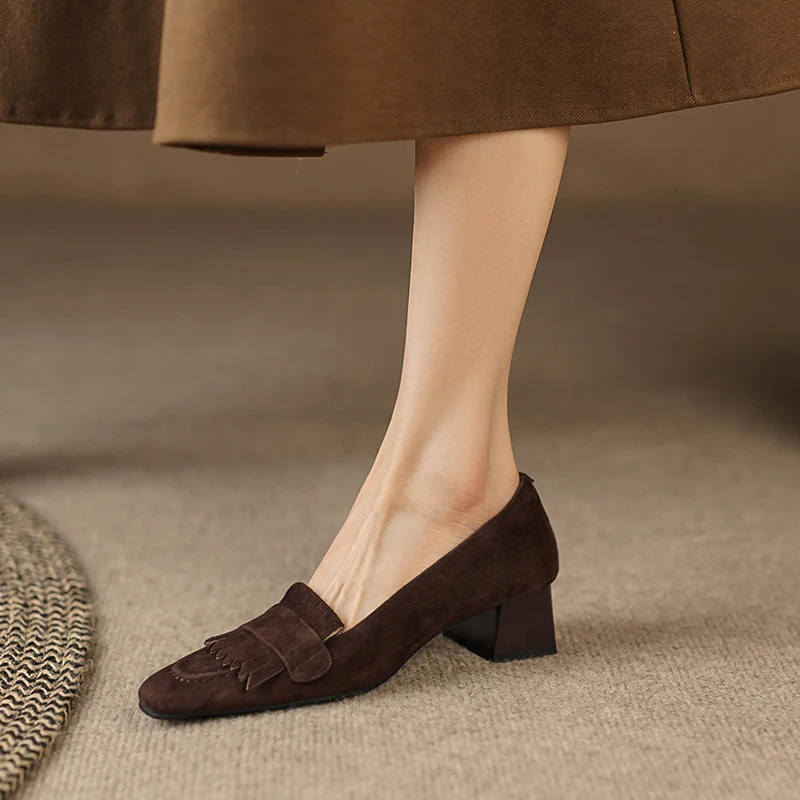 Spring Women Shoes Square Toe Square Heel Women Pumps Genuine Leather Shoes for Women Casual Retro Tassels Handemade Shoes 240615