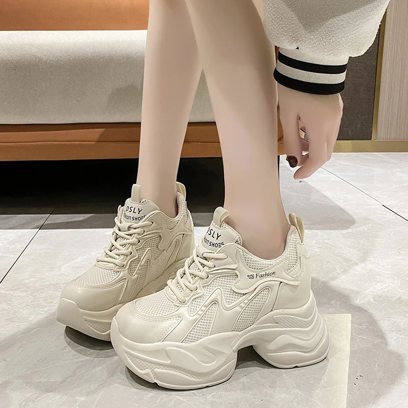 10cm Chunky Sneakers Women Autumn Hidden Heel Platform Sports Dad Shoes Woman Lace Up Breathable Mesh Casual Shoes 240615