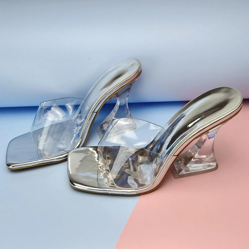 Transparent PVC Womens Slippers Fashion Square toe Cup heeled Summer Female Mules Slides crystal High heels Sandals Shoes 240615