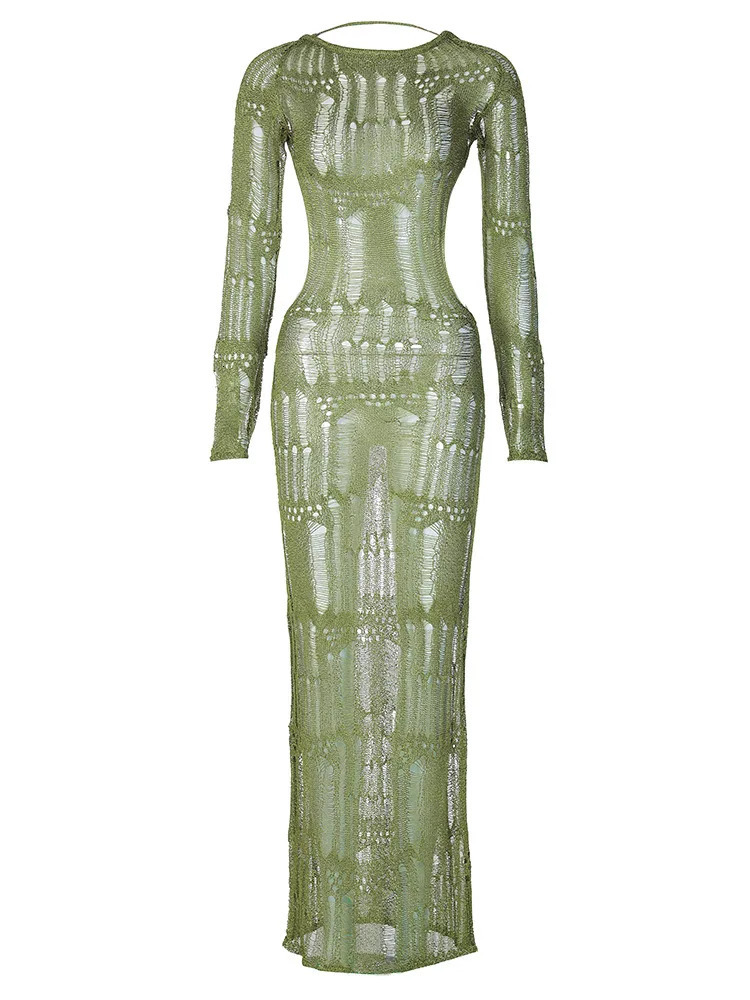 Women Fashion Knitted Solid Long Sleeve Backless Sexy Slim Maxi Dress Fall See Through Vacation Party Outfit Y2K 240615