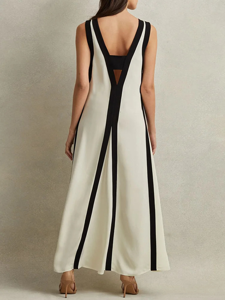 Women Casual V Neck Hollow Out Dress Elegant Female Solid Patchwork Backless Summer Sleeveless Maxi Vestidos 240615