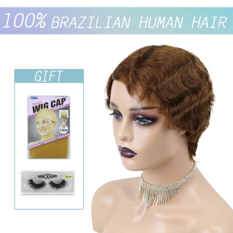 Short Human Hair For Black Women Hine Made Brazilian Finger Wave E Cut Natural Color Glueless 150%