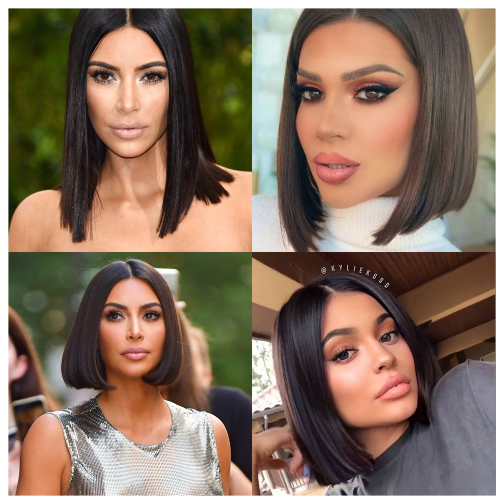 Wholesale 100% hair 2*6 kim k bone straight short double drawn BOB human hai wig black