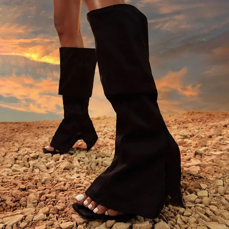 Black Folded Strap Boot Classic Square Toe Stiletto Heel Knee High Sandal Boots Summer Open Toe Cool Girl Party Casual Shoes 240615