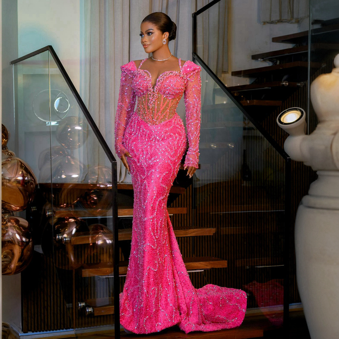2024 Aso Ebi Fuchsia Prom Dresses for Black Women Promdress Evening Dresses Elegant Illusion Long Sleeves Beaded Lace Sparkling Birthday Reception Gow