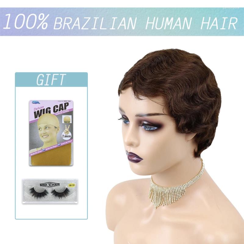 Short Human Hair For Black Women Hine Made Brazilian Finger Wave E Cut Natural Color Glueless 150%