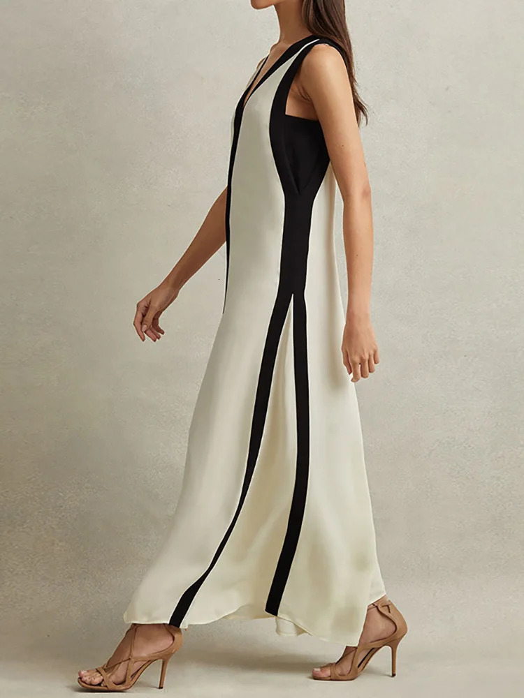 Women Casual V Neck Hollow Out Dress Elegant Female Solid Patchwork Backless Summer Sleeveless Maxi Vestidos 240615