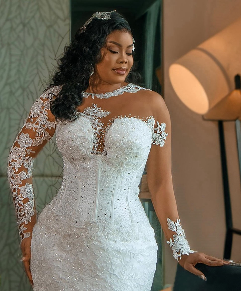 White Wed Dresses Wed Ivory Bridal Gowns Wedding Dresses Mermaid Trumpet O-Neck Long Sleeve Satin Applique Beaded Custom Zipper Lace Up New Illusion D