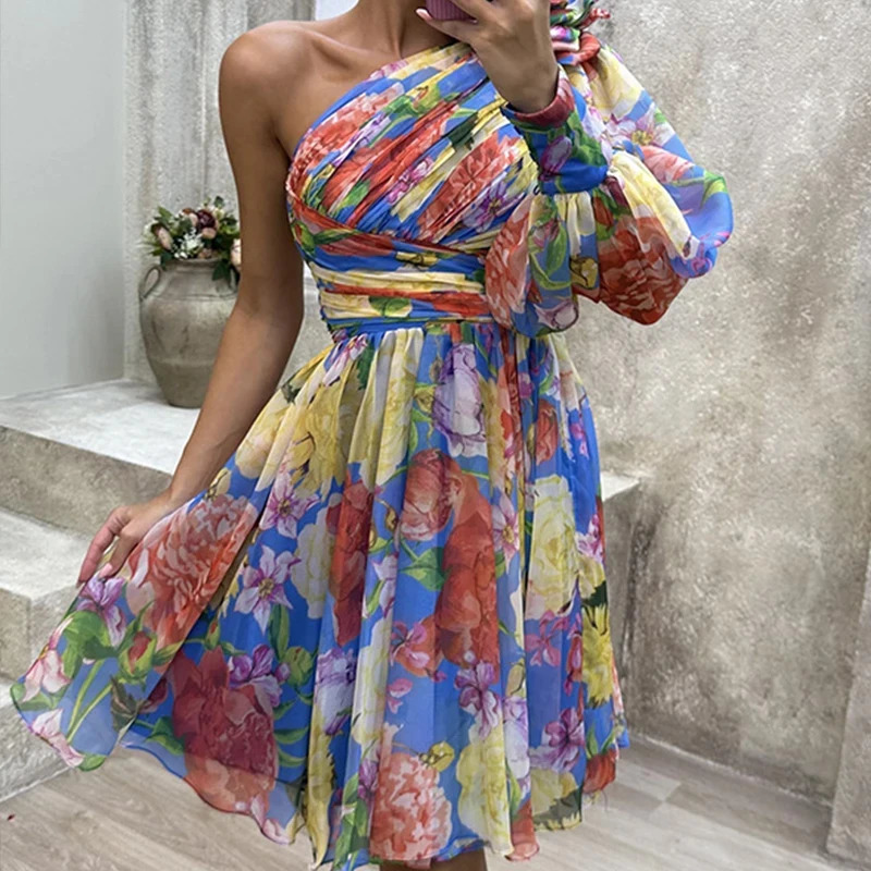 Sexy Female Hight Split Loose Hem One Shoulder Print Beach Party Dress Lady Side Sleeve Long Women Evening 240615