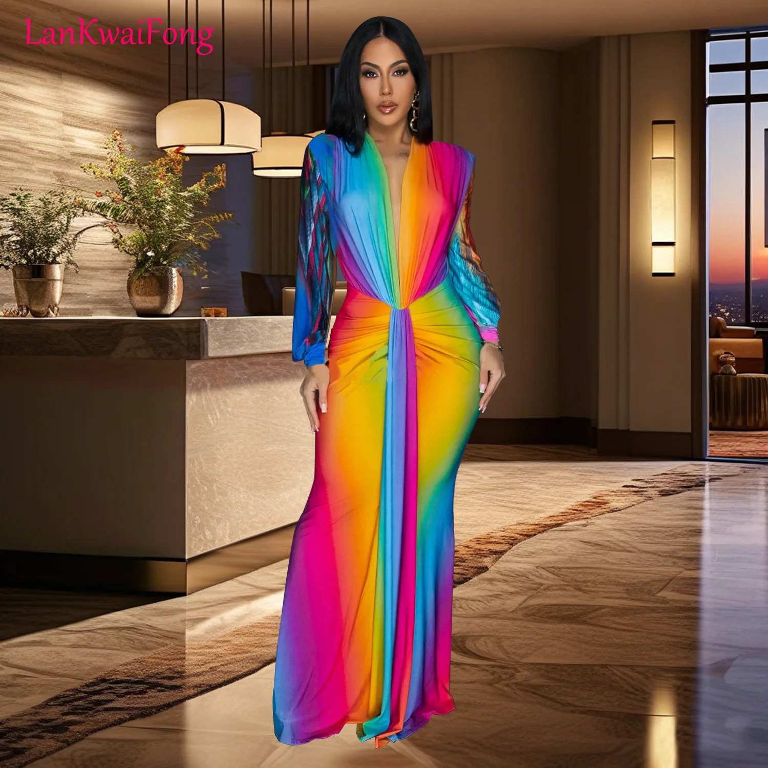 LKF Fashion Dinner Party Long Dress Womens Colorful Printed Waist Slim Fit Wrinkle Sleeve Evening Wholesale 240615