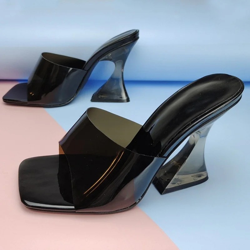 Transparent PVC Womens Slippers Fashion Square toe Cup heeled Summer Female Mules Slides crystal High heels Sandals Shoes 240615