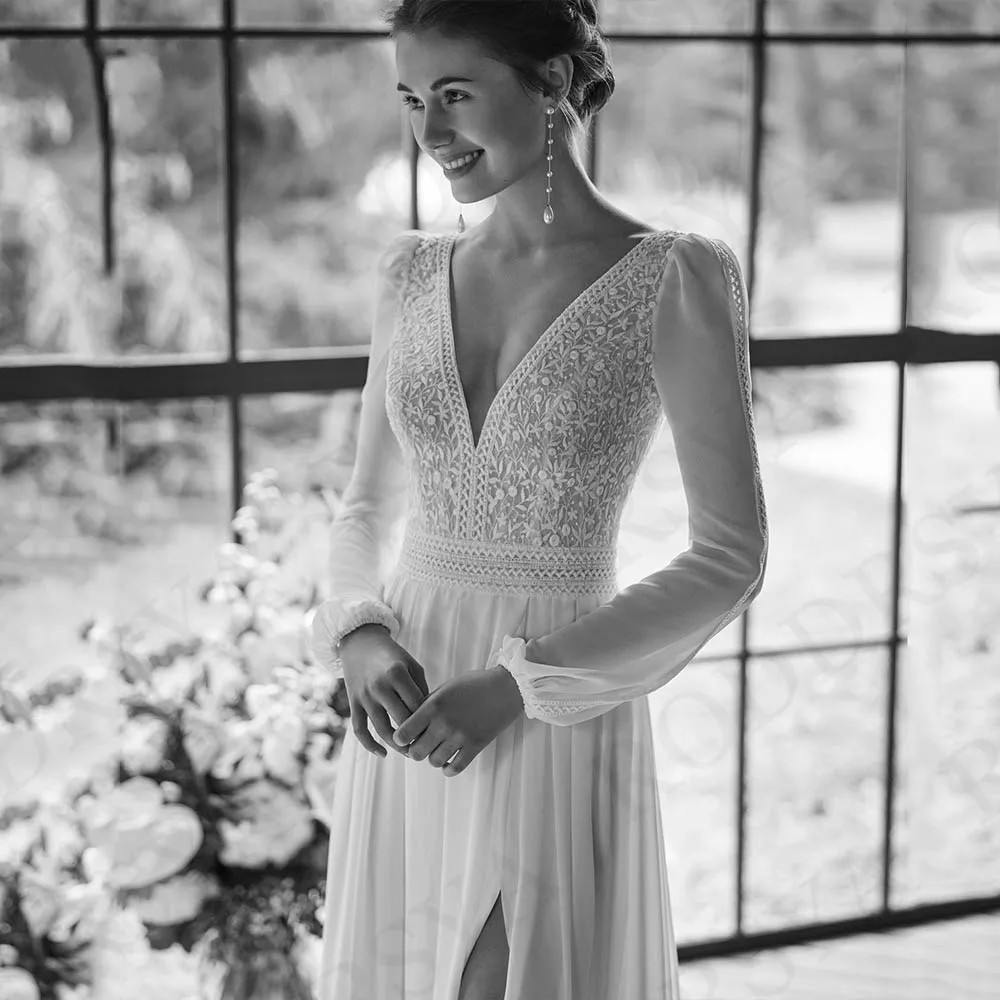Bohemian Wedding Dress 2024 V Neck Long Sleeves Lace Appliques A-Line Chiffon Princess Bride Gown Vestidos De Novia Custom Made
