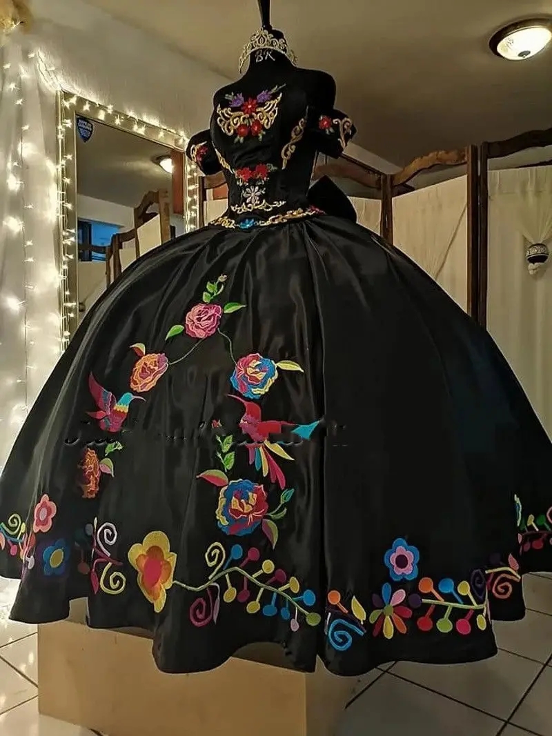 Viage 2024 Black Charro Embroidery Quinceanera Dresses With Shawl Vestidos De 15 Anos Lace-Up Corset Sweet 16 XV Prom Gowns
