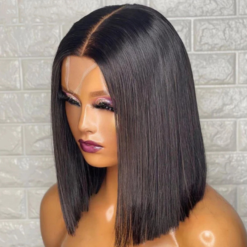 Wholesale 100% hair 2*6 kim k bone straight short double drawn BOB human hai wig black