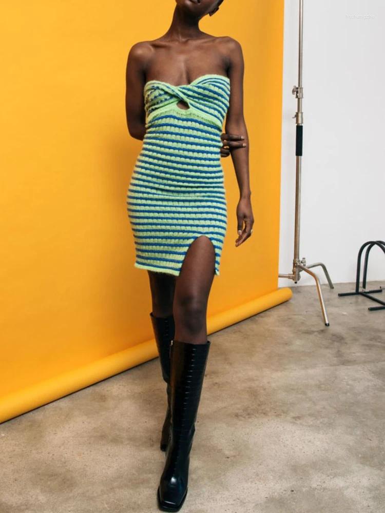 Casual Dresses Strapless Stripe Knitted Women Hollow Out Summer Sleeveless Sexy Backless Bodycon Y2k Dress Mini Vintage