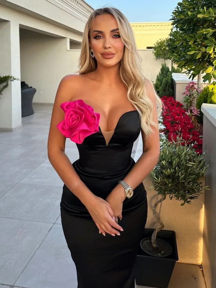 Celebrity Women Summer Sexy Strapless Backless Flower Patchwork Maxi Long Bandage Dress Elegant Evening Club Party 240615