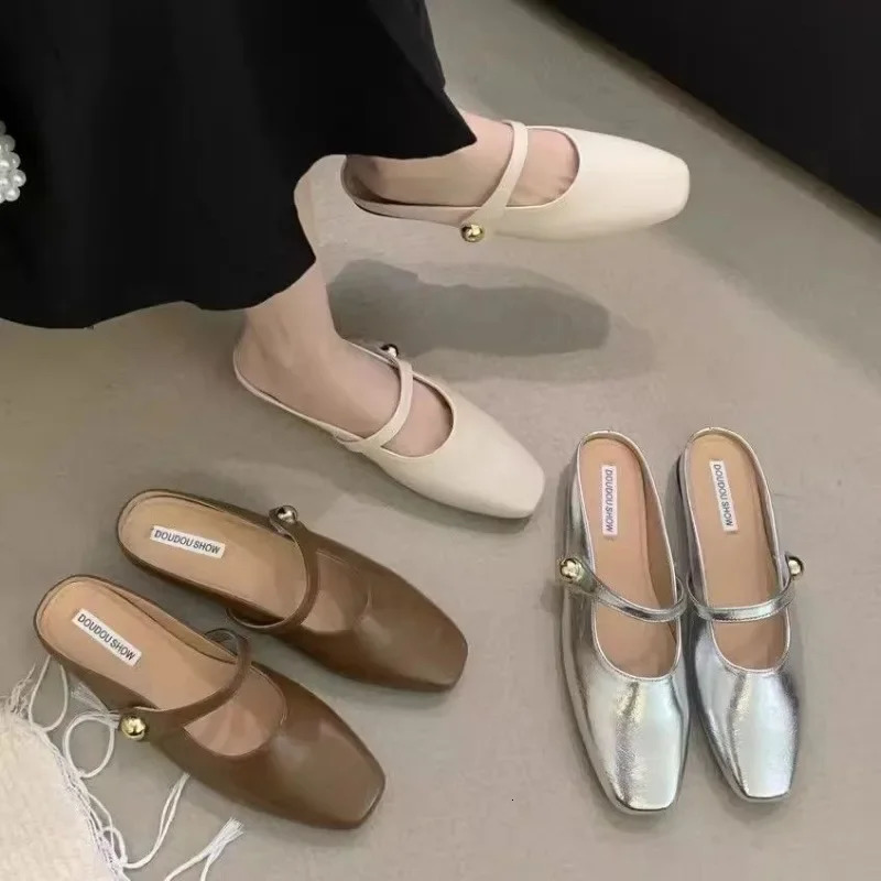 Soft Leather Ins Silver Buckle Strap Casual Shoes Fashion flats elegant glitter metallic mules shoes cover Toe Slippers 240615