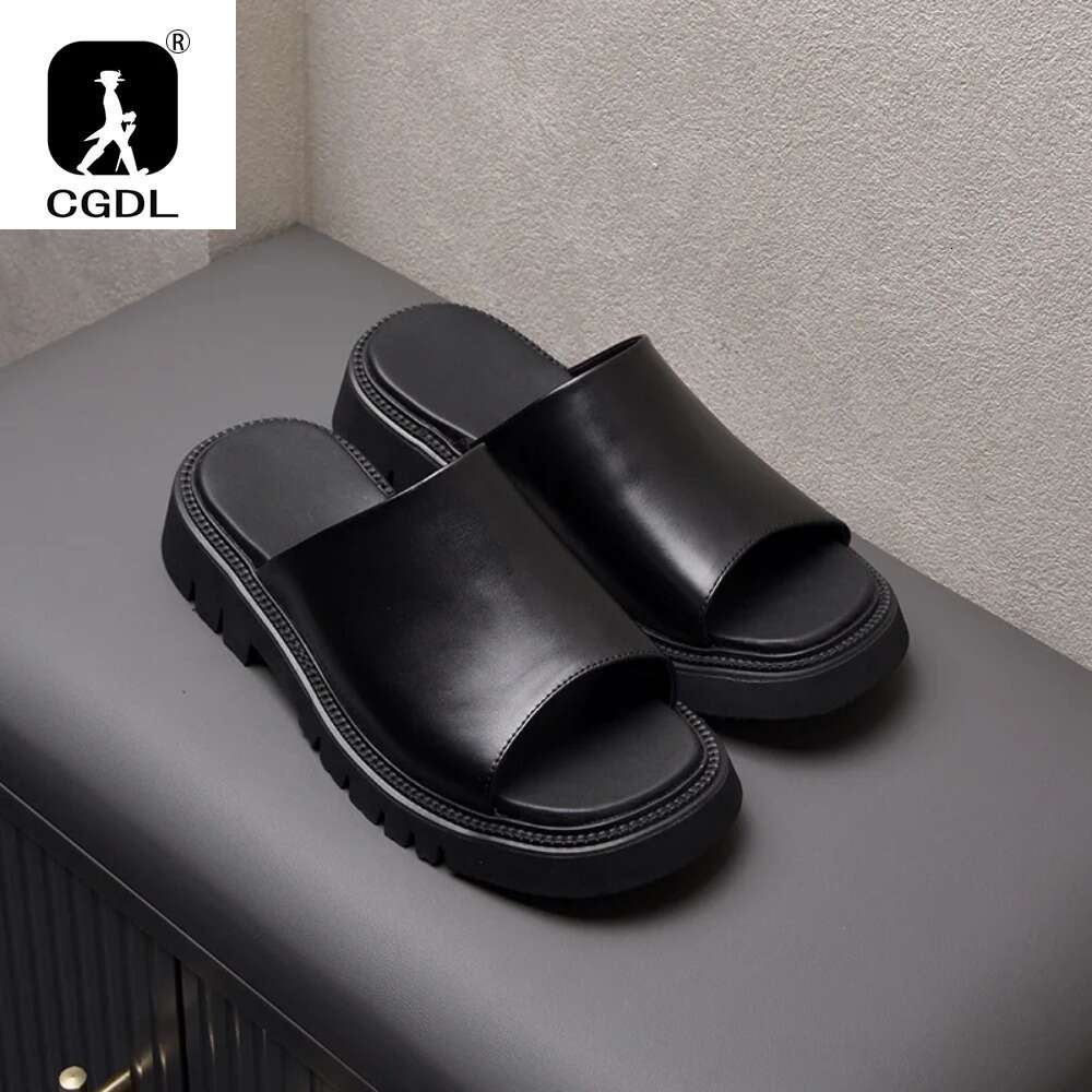Real Mens Platform 4Cm High Heels Genuine Leather Quality Brand Handmade Outdoor Business Slippers Shoes