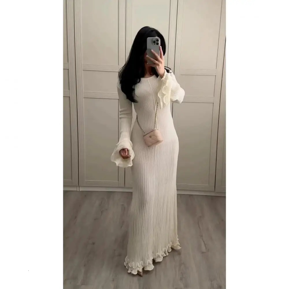 Women WaveEdge Backless Dress Vintage Round Neck Long Sleeve Waist Pencil Dresses Lady Elegant Vacation Party Streetwear