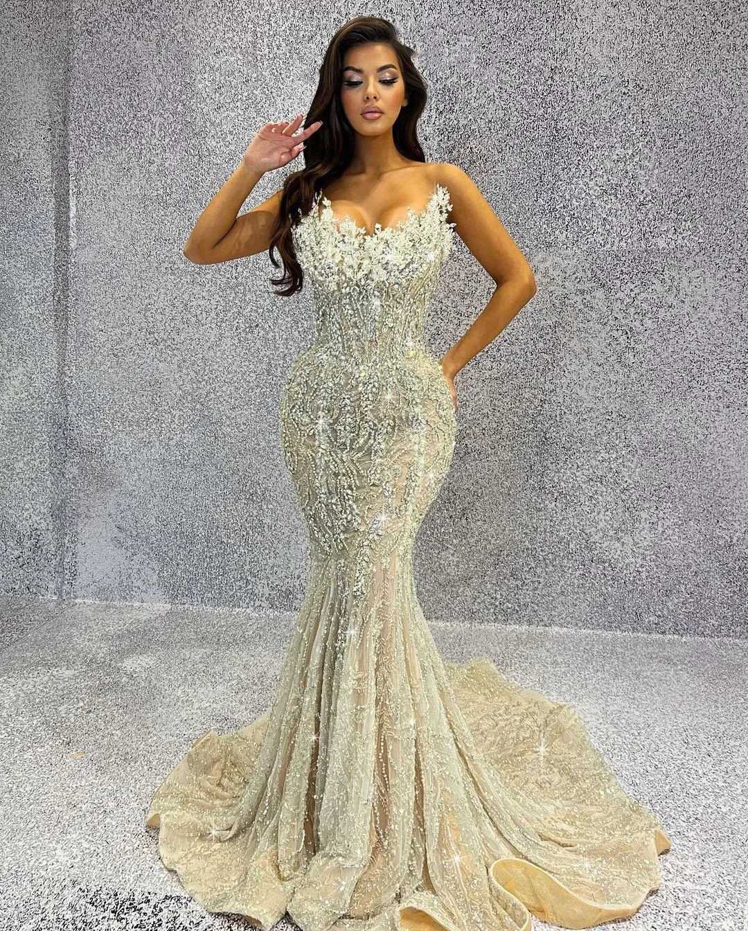 Sparkly Mermaid Evening Sleeveless V Neck Beaded Appliques Sequins Pearls Dias or Length Prom Dresses Formal Plus Size Gowns Party Dress
