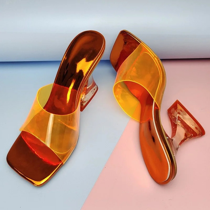 Transparent PVC Womens Slippers Fashion Square toe Cup heeled Summer Female Mules Slides crystal High heels Sandals Shoes 240615