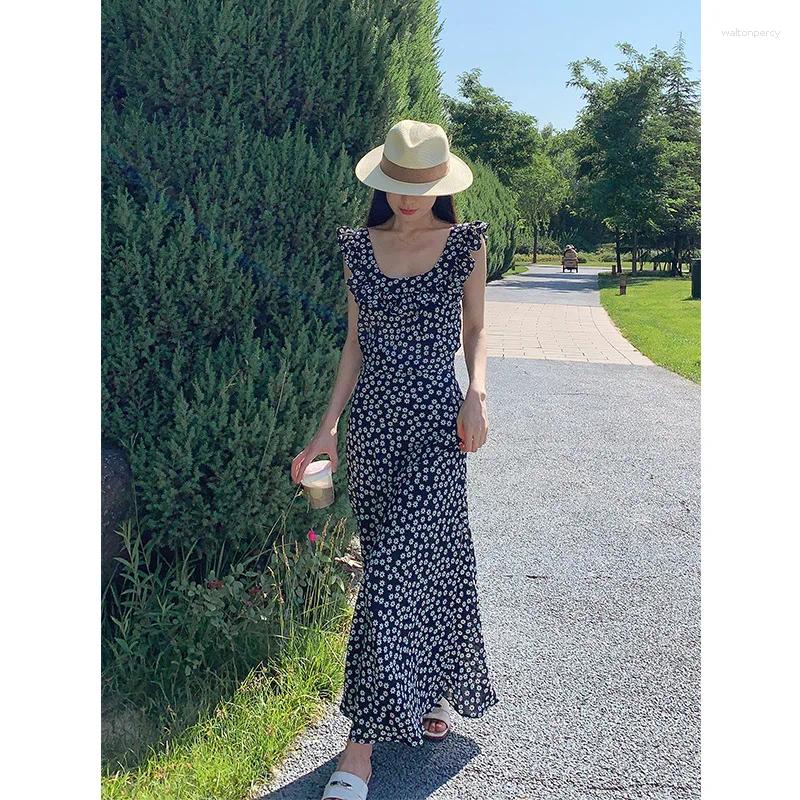 Casual Dresses Pretty 2024 Ruffled Collar Women Fashion Daisy-print Dating Long Dress