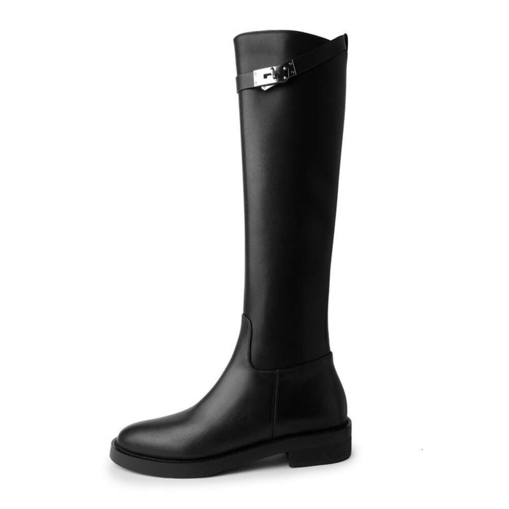 Brand Genuine Real Leather Women Punk Gothic Winter Shoes Knee-High Riding Equestrian Western Boots With Metal Lock Strap