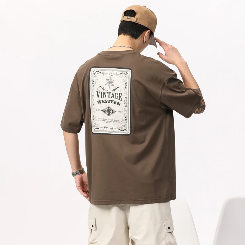 Street highend American Korean loose cotton mens Tshirt combed washed printed casual round neck short sleeve 240601