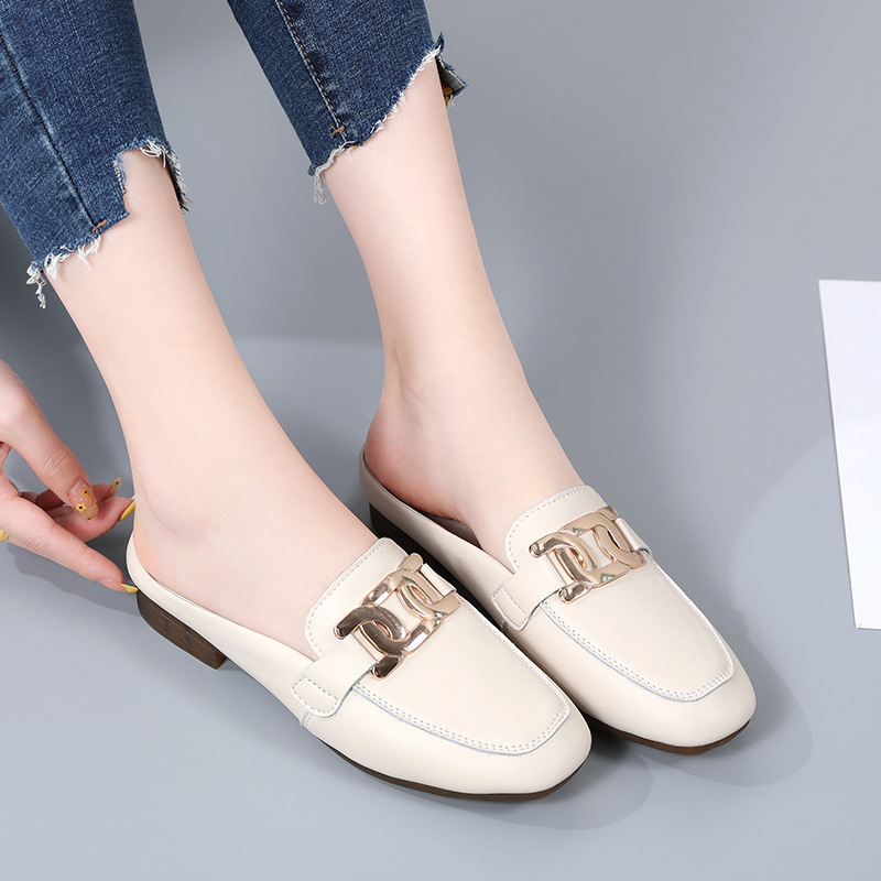 Boken semi-drag leather beef tendon soft sole flat Mles Bao head slipper loafers women dh910320090