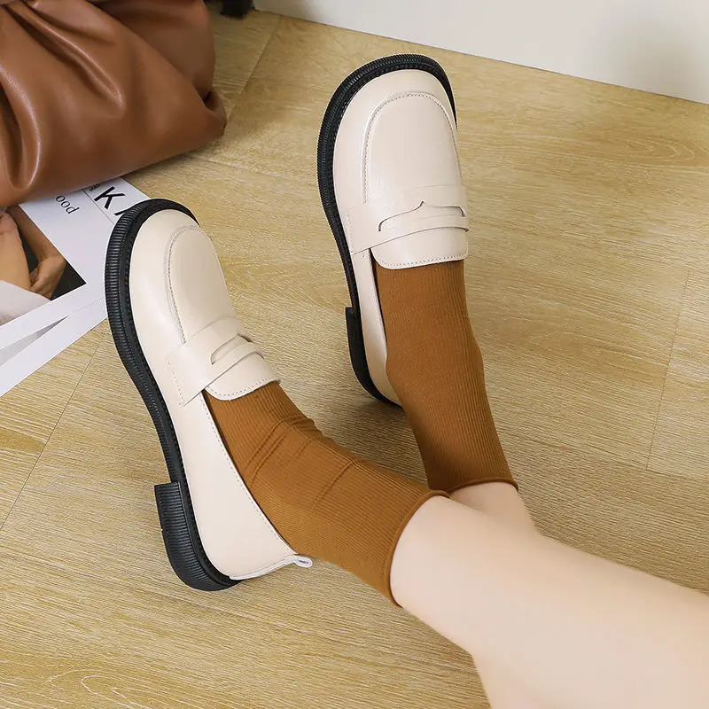 Low Shoes for Heel Woman Elegant Womens Summer Footwear Round Toe Loafers Black Normal Leather Casual on Promotion Fashion 240615 Promot