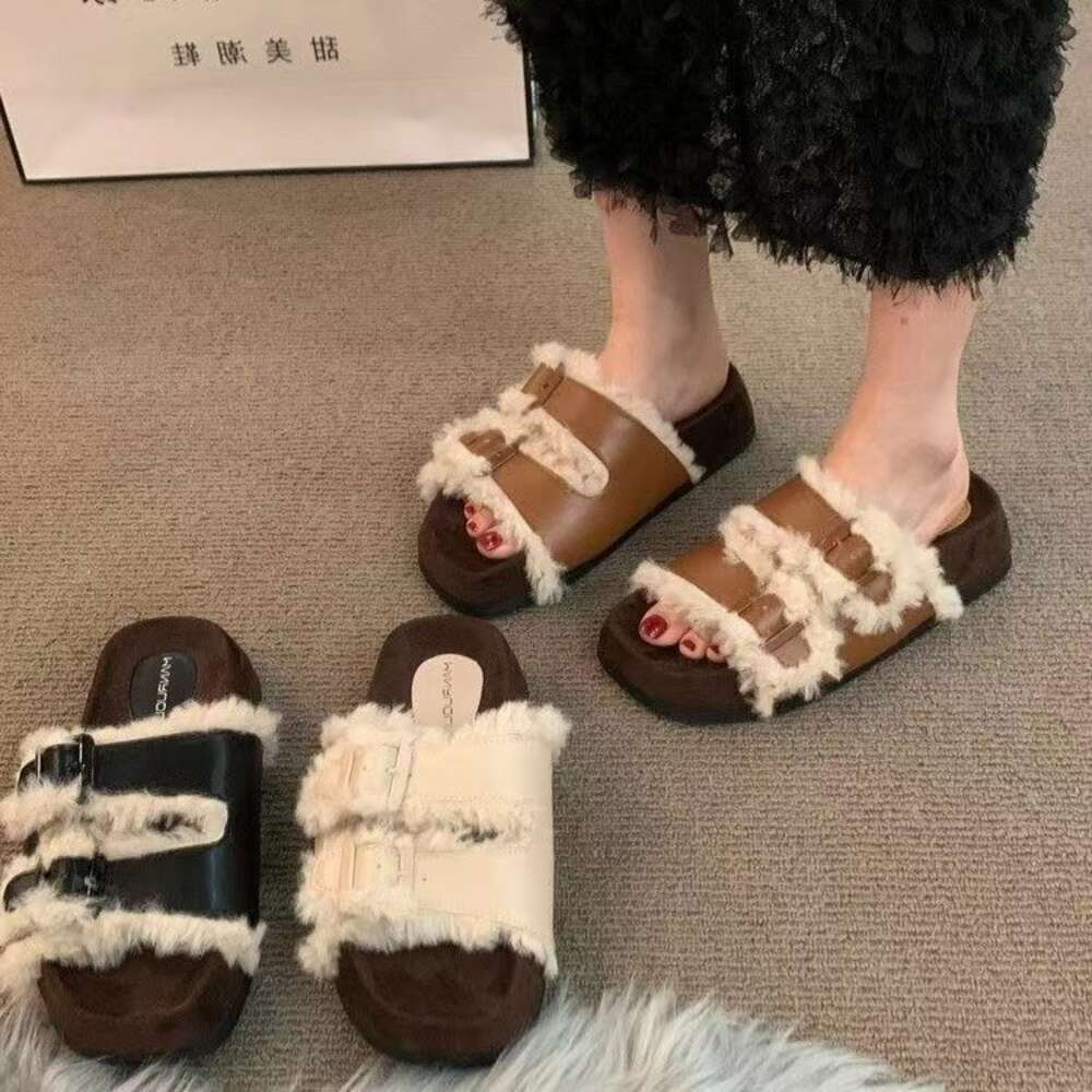 Korean Fashion Ins Niche Retro Furry Slippers Women Wear 2023 Autumn/winter New Thick Soles
