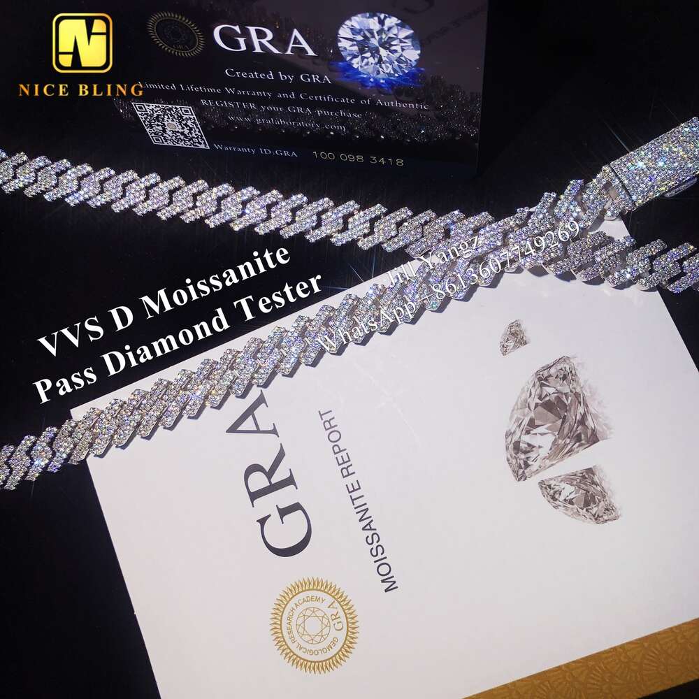 Ready Stocks 12Mm Pass Tester Monaco VVS Moissanite Diamond Gold Plated Necklace Bracelet Iced Out Cuban Chain