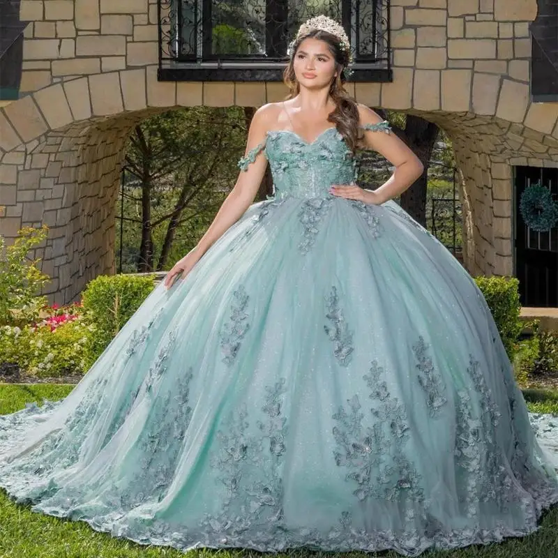 Mint Green 3D Bow Corset Mexican Quinceanera Dress Ball Gown Off The Shoulder Appliques Lace Tull Vestidos De XV Anos