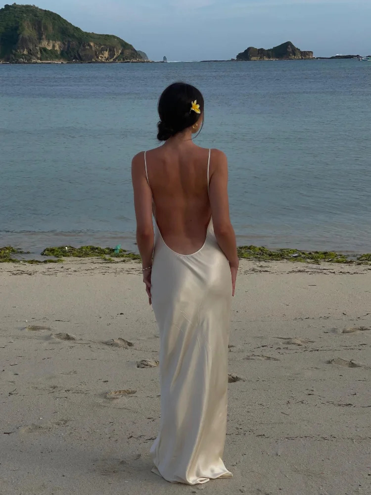 Fashion Solid Satin Backless Dress For Women Sexy Sleeveless Sling Bodycon Long Dresses Female Beach Party Vacation Vestidos 240615