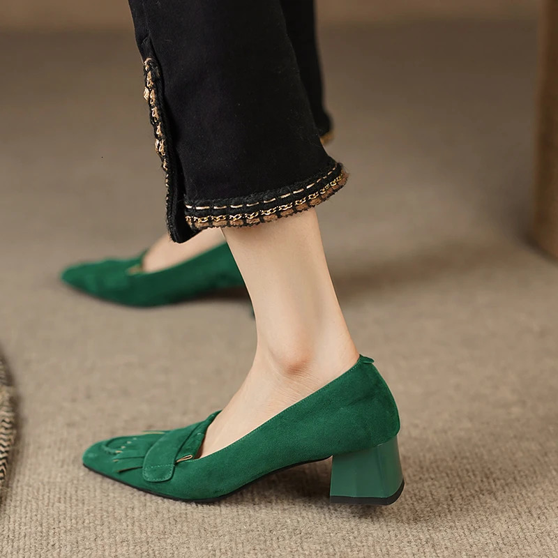 Spring Women Shoes Square Toe Square Heel Women Pumps Genuine Leather Shoes for Women Casual Retro Tassels Handemade Shoes 240615