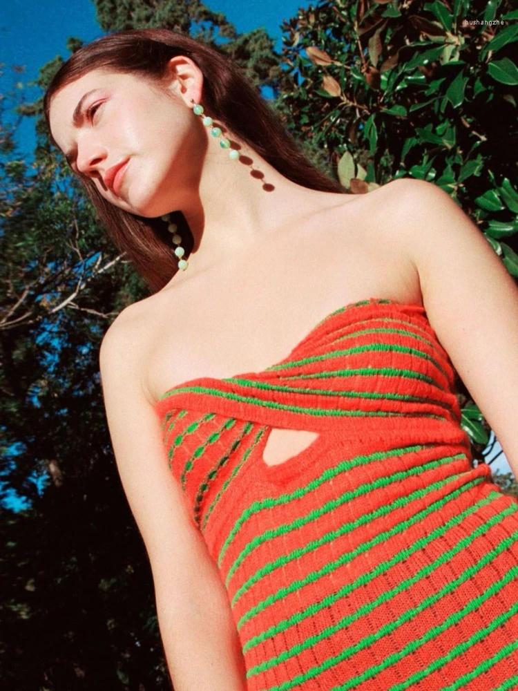 Casual Dresses Strapless Stripe Knitted Women Hollow Out Summer Sleeveless Sexy Backless Bodycon Y2k Dress Mini Vintage