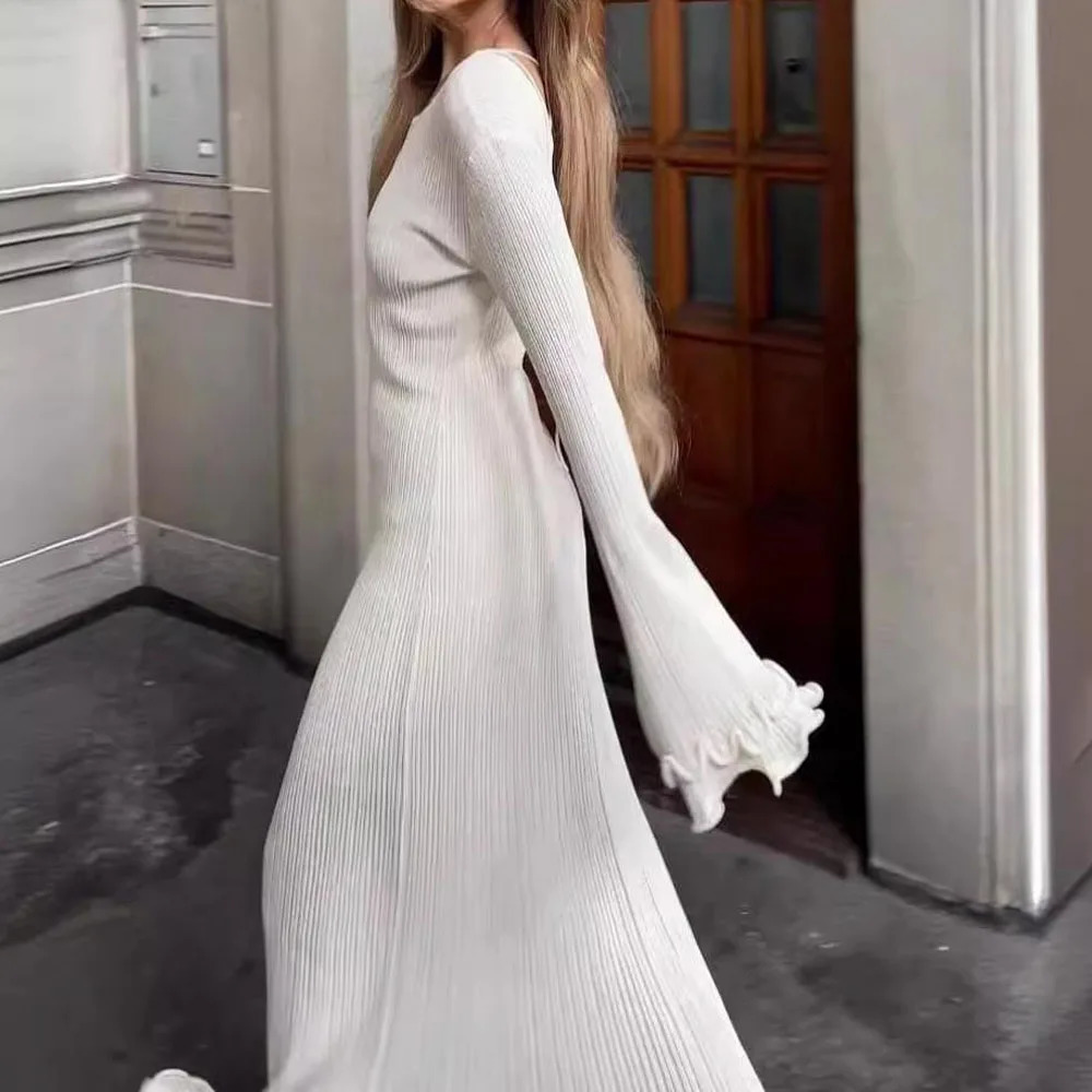 Women WaveEdge Backless Dress Vintage Round Neck Long Sleeve Waist Pencil Dresses Lady Elegant Vacation Party Streetwear