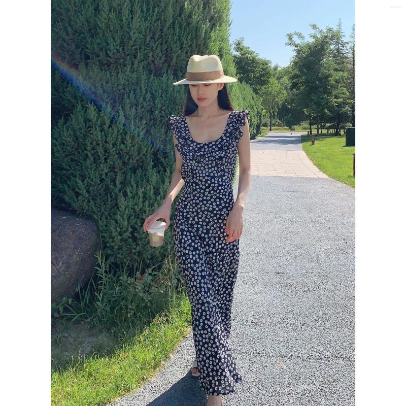 Casual Dresses Pretty 2024 Ruffled Collar Women Fashion Daisy-print Dating Long Dress