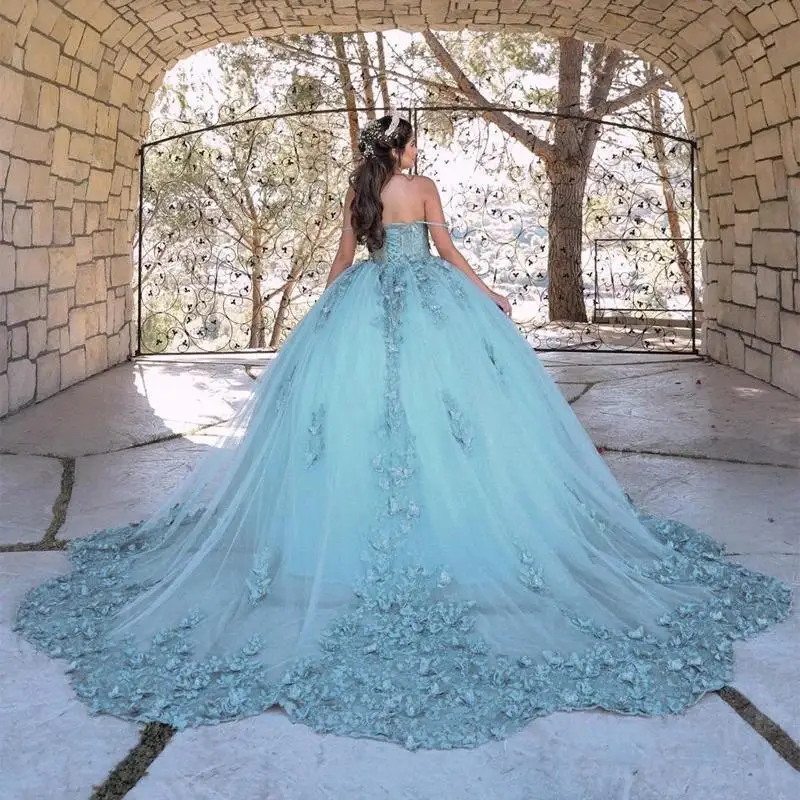 Mint Green 3D Bow Corset Mexican Quinceanera Dress Ball Gown Off The Shoulder Appliques Lace Tull Vestidos De XV Anos