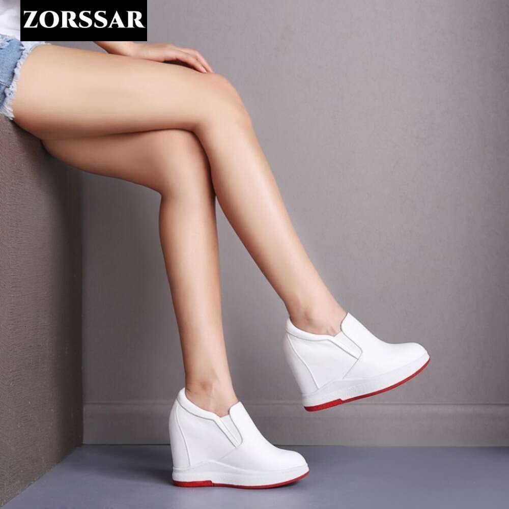 Genuine Leather Casual 7Cm Platform Hidden Wedge Fashion Sneakers Spring Autumn Women White Vulcanized Shoes