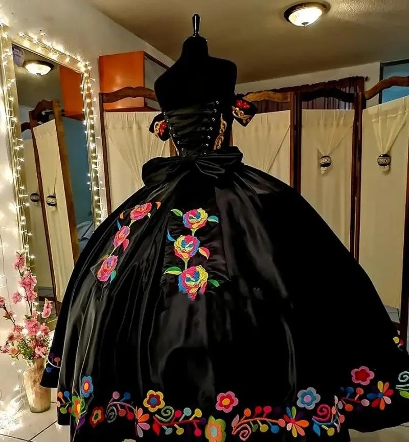 Viage 2024 Black Charro Embroidery Quinceanera Dresses With Shawl Vestidos De 15 Anos Lace-Up Corset Sweet 16 XV Prom Gowns