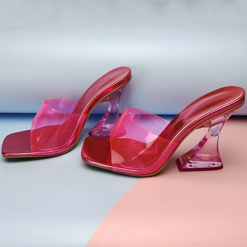 Transparent PVC Womens Slippers Fashion Square toe Cup heeled Summer Female Mules Slides crystal High heels Sandals Shoes 240615