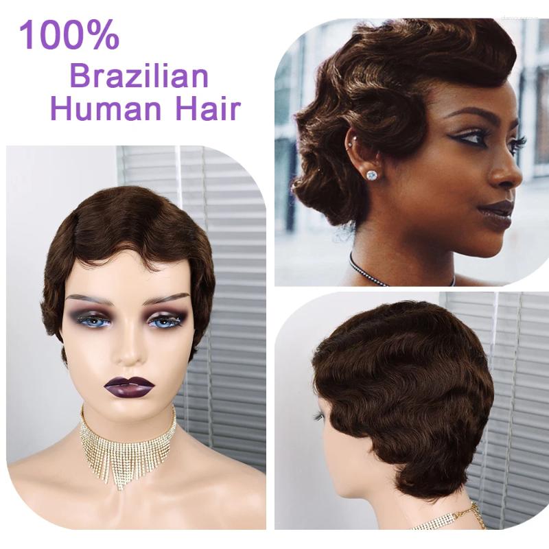Short Human Hair For Black Women Hine Made Brazilian Finger Wave E Cut Natural Color Glueless 150%