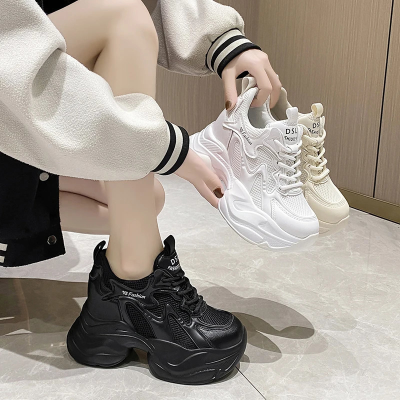 10cm Chunky Sneakers Women Autumn Hidden Heel Platform Sports Dad Shoes Woman Lace Up Breathable Mesh Casual Shoes 240615