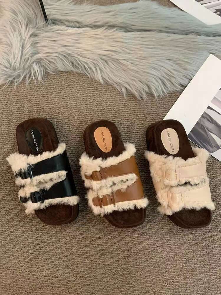 Korean Fashion Ins Niche Retro Furry Slippers Women Wear 2023 Autumn/winter New Thick Soles